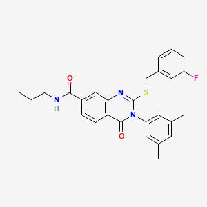 molecular formula C27H26FN3O2S B2680270 3-(3,5-二甲基苯基)-2-((3-氟苯甲基)硫)-4-氧代-N-丙基-3,4-二氢喹唑啉-7-甲酰胺 CAS No. 1115396-67-2