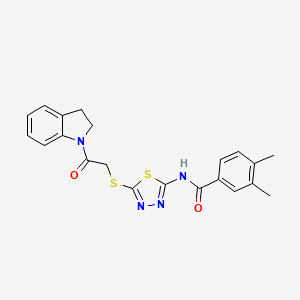 molecular formula C21H20N4O2S2 B2680292 N-(5-((2-(indolin-1-yl)-2-oxoethyl)thio)-1,3,4-thiadiazol-2-yl)-3,4-dimethylbenzamide CAS No. 392300-90-2