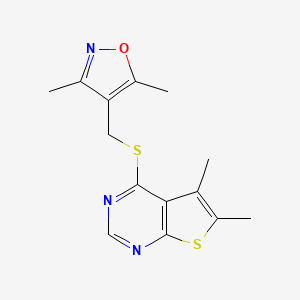 molecular formula C14H15N3OS2 B2680320 4-(((5,6-Dimethylthieno[2,3-d]pyrimidin-4-yl)thio)methyl)-3,5-dimethylisoxazole CAS No. 315692-61-6