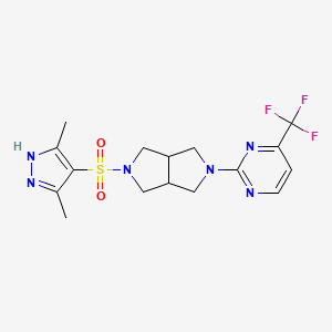 molecular formula C16H19F3N6O2S B2680324 5-[(3,5-Dimethyl-1H-pyrazol-4-yl)sulfonyl]-2-[4-(trifluoromethyl)pyrimidin-2-yl]-1,3,3a,4,6,6a-hexahydropyrrolo[3,4-c]pyrrole CAS No. 2415452-97-8