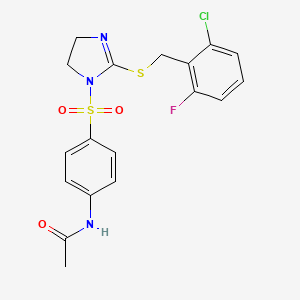 molecular formula C18H17ClFN3O3S2 B2680354 N-[4-[[2-[(2-氯-6-氟苯基)甲硫基]-4,5-二氢咪唑-1-基]磺酰基]苯基]乙酰胺 CAS No. 868217-61-2