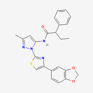 molecular formula C24H22N4O3S B2680425 N-(1-(4-(benzo[d][1,3]dioxol-5-yl)thiazol-2-yl)-3-methyl-1H-pyrazol-5-yl)-2-phenylbutanamide CAS No. 1019101-30-4