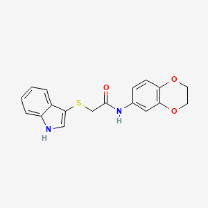 molecular formula C18H16N2O3S B2680428 N-(2,3-二氢-1,4-苯并二氧杂环己-6-基)-2-(1H-吲哚-3-基硫基)乙酰胺 CAS No. 450351-87-8