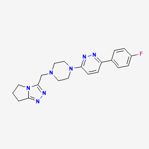 molecular formula C20H22FN7 B2680436 3-[[4-[6-(4-Fluorophenyl)pyridazin-3-yl]piperazin-1-yl]methyl]-6,7-dihydro-5H-pyrrolo[2,1-c][1,2,4]triazole CAS No. 2380086-00-8