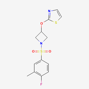 molecular formula C13H13FN2O3S2 B2680473 2-((1-((4-氟-3-甲基苯基)磺酰基)吖唑啉-3-基)氧基)噻唑 CAS No. 1797161-18-2