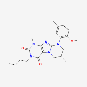 molecular formula C22H29N5O3 B2680481 3-butyl-9-(2-methoxy-5-methylphenyl)-1,7-dimethyl-6,7,8,9-tetrahydropyrimido[2,1-f]purine-2,4(1H,3H)-dione CAS No. 922461-94-7
