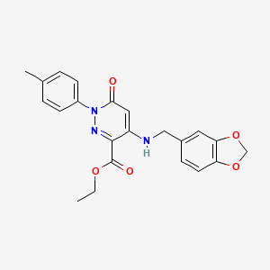 molecular formula C22H21N3O5 B2680508 Ethyl 4-((benzo[d][1,3]dioxol-5-ylmethyl)amino)-6-oxo-1-(p-tolyl)-1,6-dihydropyridazine-3-carboxylate CAS No. 922068-29-9