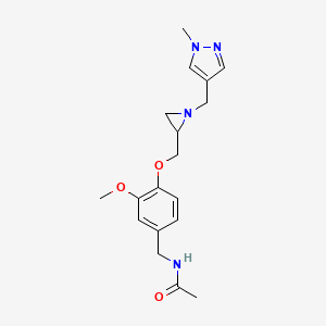 molecular formula C18H24N4O3 B2680561 N-[[3-Methoxy-4-[[1-[(1-methylpyrazol-4-yl)methyl]aziridin-2-yl]methoxy]phenyl]methyl]acetamide CAS No. 2418730-03-5