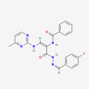 molecular formula C22H19FN6O2 B2680570 N-{1-({2-[(4-fluorophenyl)methylene]hydrazino}carbonyl)-2-[(4-methyl-2-pyrimidinyl)amino]vinyl}benzenecarboxamide CAS No. 306976-33-0