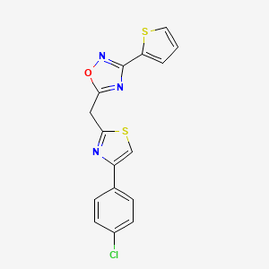 molecular formula C16H10ClN3OS2 B2680642 5-((4-(4-Chlorophenyl)thiazol-2-yl)methyl)-3-(thiophen-2-yl)-1,2,4-oxadiazole CAS No. 1115989-76-8