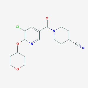 molecular formula C17H20ClN3O3 B2680694 1-(5-chloro-6-((tetrahydro-2H-pyran-4-yl)oxy)nicotinoyl)piperidine-4-carbonitrile CAS No. 1903559-73-8