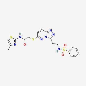 molecular formula C19H19N7O3S3 B2680700 N-(4-甲基噻唑-2-基)-2-((3-(2-(苯基磺酰氨基)乙基)-[1,2,4]三唑并[4,3-b]吡啶-6-基)硫基)乙酰胺 CAS No. 872996-89-9