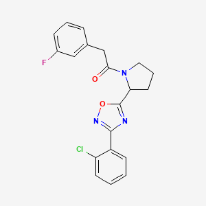molecular formula C20H17ClFN3O2 B2680709 3-(2-Chlorophenyl)-5-{1-[(3-fluorophenyl)acetyl]pyrrolidin-2-yl}-1,2,4-oxadiazole CAS No. 1791407-35-6