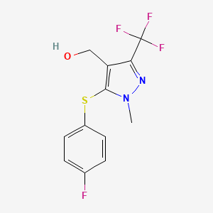 molecular formula C12H10F4N2OS B2680753 [5-[(4-fluorophenyl)sulfanyl]-1-methyl-3-(trifluoromethyl)-1H-pyrazol-4-yl]methanol CAS No. 318239-65-5