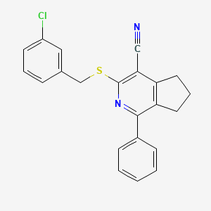 molecular formula C22H17ClN2S B2680769 3-[(3-chlorobenzyl)sulfanyl]-1-phenyl-6,7-dihydro-5H-cyclopenta[c]pyridine-4-carbonitrile CAS No. 439096-38-5