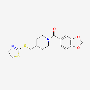 molecular formula C17H20N2O3S2 B2680771 Benzo[d][1,3]dioxol-5-yl(4-(((4,5-dihydrothiazol-2-yl)thio)methyl)piperidin-1-yl)methanone CAS No. 1396630-14-0
