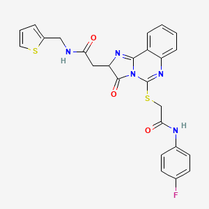 molecular formula C25H20FN5O3S2 B2680774 N-(4-氟苯基)-2-{[3-氧代-2-({[(噻吩-2-基)甲基]氨基甲酰}甲基)-2H,3H-咪唑[1,2-c]喹唑-5-基]硫代基}乙酰胺 CAS No. 959500-44-8
