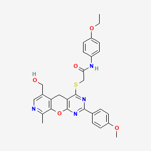 molecular formula C29H28N4O5S B2680787 N-(4-ethoxyphenyl)-2-((6-(hydroxymethyl)-2-(4-methoxyphenyl)-9-methyl-5H-pyrido[4',3':5,6]pyrano[2,3-d]pyrimidin-4-yl)thio)acetamide CAS No. 892382-16-0