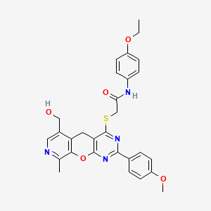 N-(4-ethoxyphenyl)-2-[[11-(hydroxymethyl)-5-(4-methoxyphenyl)-14-methyl-2-oxa-4,6,13-triazatricyclo[8.4.0.03,8]tetradeca-1(10),3(8),4,6,11,13-hexaen-7-yl]sulfanyl]acetamide