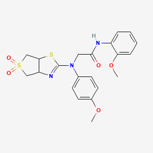 molecular formula C21H23N3O5S2 B2680809 2-((5,5-dioxido-3a,4,6,6a-tetrahydrothieno[3,4-d]thiazol-2-yl)(4-methoxyphenyl)amino)-N-(2-methoxyphenyl)acetamide CAS No. 872200-40-3