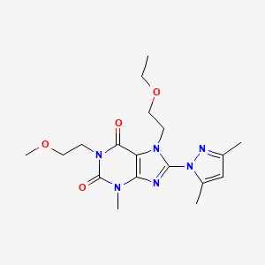 molecular formula C18H26N6O4 B2680832 8-(3,5-二甲基-1H-吡唑-1-基)-7-(2-乙氧基乙基)-1-(2-甲氧基乙基)-3-甲基-1H-嘧啶-2,6(3H,7H)-二酮 CAS No. 1014009-02-9