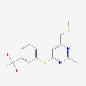 molecular formula C14H13F3N2S2 B2680833 2-Methyl-4-((methylsulfanyl)methyl)-6-((3-(trifluoromethyl)phenyl)sulfanyl)pyrimidine CAS No. 478031-26-4