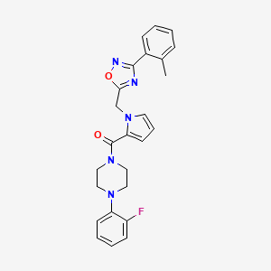 molecular formula C25H24FN5O2 B2680854 (4-(2-fluorophenyl)piperazin-1-yl)(1-((3-(o-tolyl)-1,2,4-oxadiazol-5-yl)methyl)-1H-pyrrol-2-yl)methanone CAS No. 1396774-27-8