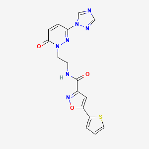 molecular formula C16H13N7O3S B2680857 N-(2-(6-oxo-3-(1H-1,2,4-triazol-1-yl)pyridazin-1(6H)-yl)ethyl)-5-(thiophen-2-yl)isoxazole-3-carboxamide CAS No. 1448030-18-9
