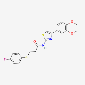 molecular formula C20H17FN2O3S2 B2680867 N-(4-(2,3-dihydrobenzo[b][1,4]dioxin-6-yl)thiazol-2-yl)-3-((4-fluorophenyl)thio)propanamide CAS No. 896353-84-7