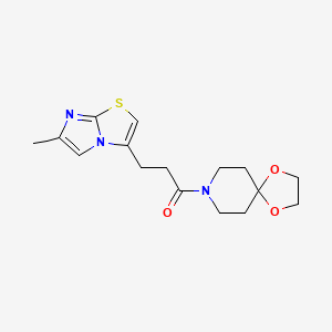 molecular formula C16H21N3O3S B2680902 3-(6-甲基咪唑并[2,1-b]噻唑-3-基)-1-(1,4-二氧杂-8-氮杂螺[4.5]癸烷-8-基)丙酮 CAS No. 1251578-90-1