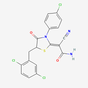 molecular formula C19H12Cl3N3O2S B2680922 (Z)-2-(3-(4-chlorophenyl)-5-(2,5-dichlorobenzyl)-4-oxothiazolidin-2-ylidene)-2-cyanoacetamide CAS No. 786678-14-6