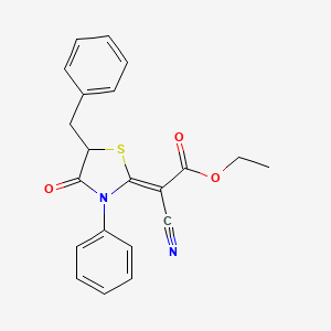molecular formula C21H18N2O3S B2680996 (Z)-ethyl 2-(5-benzyl-4-oxo-3-phenylthiazolidin-2-ylidene)-2-cyanoacetate CAS No. 488101-25-3