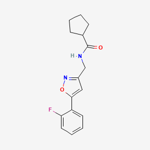 molecular formula C16H17FN2O2 B2681063 N-((5-(2-fluorophenyl)isoxazol-3-yl)methyl)cyclopentanecarboxamide CAS No. 1210243-46-1