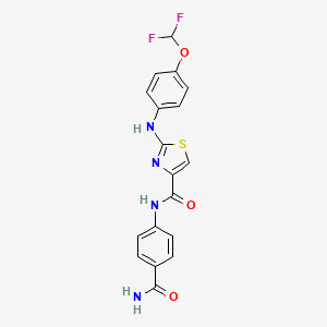 molecular formula C18H14F2N4O3S B2681066 N-(4-carbamoylphenyl)-2-((4-(difluoromethoxy)phenyl)amino)thiazole-4-carboxamide CAS No. 1172425-48-7