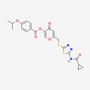 molecular formula C22H21N3O6S2 B2681098 6-(((5-(cyclopropanecarboxamido)-1,3,4-thiadiazol-2-yl)thio)methyl)-4-oxo-4H-pyran-3-yl 4-isopropoxybenzoate CAS No. 877650-93-6