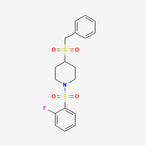 molecular formula C18H20FNO4S2 B2681110 4-(Benzylsulfonyl)-1-((2-fluorophenyl)sulfonyl)piperidine CAS No. 2034467-64-4