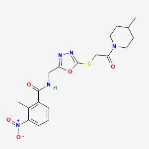 2-methyl-N-((5-((2-(4-methylpiperidin-1-yl)-2-oxoethyl)thio)-1,3,4-oxadiazol-2-yl)methyl)-3-nitrobenzamide