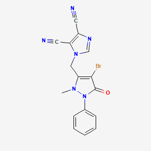 molecular formula C16H11BrN6O B2681210 1-[(4-bromo-2-methyl-5-oxo-1-phenyl-2,5-dihydro-1H-pyrazol-3-yl)methyl]-1H-imidazole-4,5-dicarbonitrile CAS No. 1024232-73-2