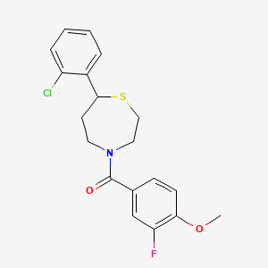 molecular formula C19H19ClFNO2S B2681234 (7-(2-Chlorophenyl)-1,4-thiazepan-4-yl)(3-fluoro-4-methoxyphenyl)methanone CAS No. 1797871-28-3