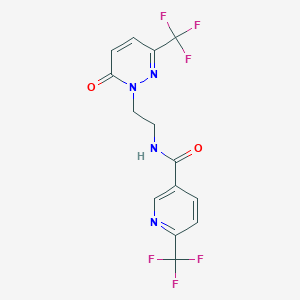molecular formula C14H10F6N4O2 B2681264 N-[2-[6-Oxo-3-(trifluoromethyl)pyridazin-1-yl]ethyl]-6-(trifluoromethyl)pyridine-3-carboxamide CAS No. 2415623-22-0