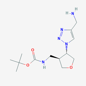 molecular formula C13H23N5O3 B2681267 Tert-butyl N-[[(3S,4S)-4-[4-(aminomethyl)triazol-1-yl]oxolan-3-yl]methyl]carbamate CAS No. 2241129-41-7
