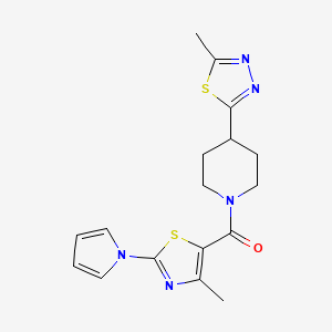 molecular formula C17H19N5OS2 B2681274 (4-(5-甲基-1,3,4-噻二唑-2-基)哌啶-1-基)(4-甲基-2-(1H-吡咯-1-基)噻唑-5-基)甲酮 CAS No. 1396853-27-2