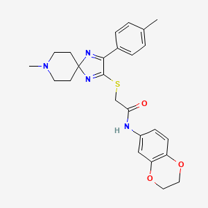 molecular formula C25H28N4O3S B2681284 N-(2,3-dihydro-1,4-benzodioxin-6-yl)-2-{[8-methyl-3-(4-methylphenyl)-1,4,8-triazaspiro[4.5]deca-1,3-dien-2-yl]thio}acetamide CAS No. 1216844-66-4