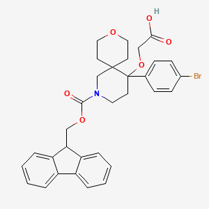molecular formula C32H32BrNO6 B2681296 2-[[5-(4-Bromophenyl)-2-(9H-fluoren-9-ylmethoxycarbonyl)-9-oxa-2-azaspiro[5.5]undecan-5-yl]oxy]acetic acid CAS No. 2248276-43-7
