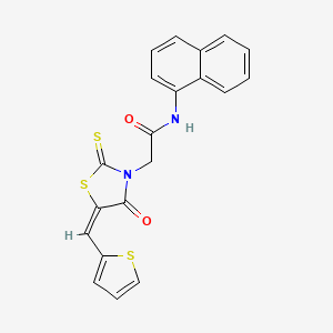 molecular formula C20H14N2O2S3 B2681300 N-naphthalen-1-yl-2-[(5E)-4-oxo-2-sulfanylidene-5-(thiophen-2-ylmethylidene)-1,3-thiazolidin-3-yl]acetamide CAS No. 637318-54-8