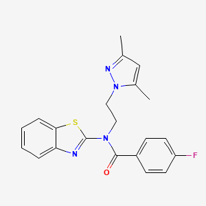 molecular formula C21H19FN4OS B2681330 N-(benzo[d]thiazol-2-yl)-N-(2-(3,5-dimethyl-1H-pyrazol-1-yl)ethyl)-4-fluorobenzamide CAS No. 1172366-82-3