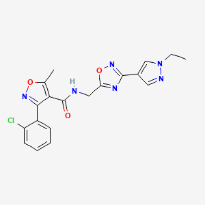 molecular formula C19H17ClN6O3 B2681359 3-(2-chlorophenyl)-N-((3-(1-ethyl-1H-pyrazol-4-yl)-1,2,4-oxadiazol-5-yl)methyl)-5-methylisoxazole-4-carboxamide CAS No. 2034386-45-1