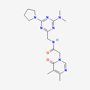 molecular formula C18H26N8O2 B2681370 2-(4,5-二甲基-6-氧代嘧啶-1(6H)-基)-N-((4-(二甲基氨基)-6-(吡咯啉-1-基)-1,3,5-三嗪-2-基)甲基)乙酰胺 CAS No. 2034357-58-7