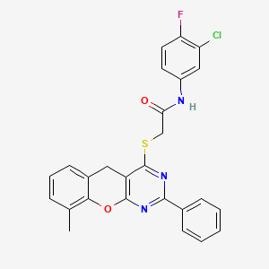 molecular formula C26H19ClFN3O2S B2681393 N-(3-Chloro-4-fluorophenyl)-2-({9-methyl-2-phenyl-5H-chromeno[2,3-D]pyrimidin-4-YL}sulfanyl)acetamide CAS No. 866871-24-1