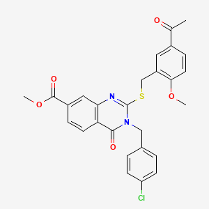 molecular formula C27H23ClN2O5S B2681428 Methyl 2-[(5-acetyl-2-methoxyphenyl)methylsulfanyl]-3-[(4-chlorophenyl)methyl]-4-oxoquinazoline-7-carboxylate CAS No. 422273-72-1